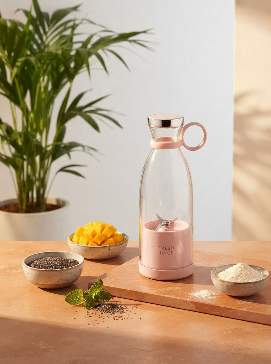 A portable mini blender on a terracotta surface with mango chunks and seeds in a sunlit, modern kitchen setting.