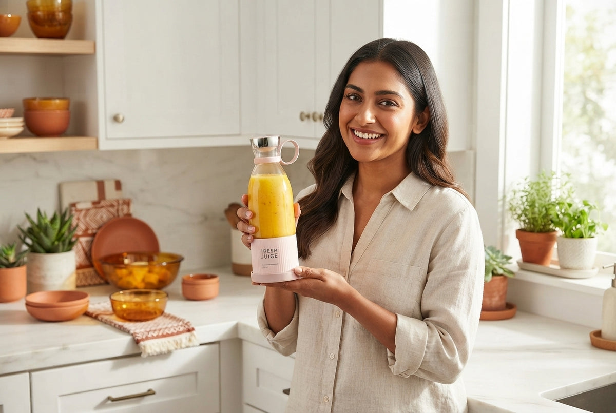 A South Asian woman holding a portable blender with a fresh smoothie in a sunlit kitchen with warm terracotta and white decor